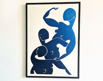 Original linocut print. Wall art. Graphic modern print. Blue. A3. Simple. Title: 'Believe in progress'.