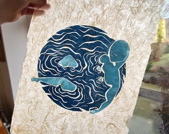 Original linocut print. Wall art. Graphic modern print. Dark blue,  bright blue. Title: 'Soak'. WITHOUT text.