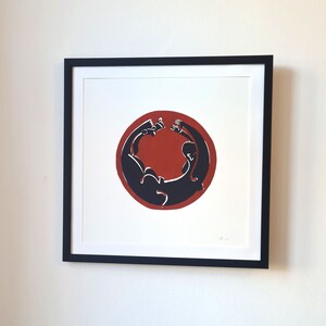 Original linocut print. Wall art. Graphic modern print. Red and black. Title: 'Hvem griber os når vi falder'. image 2