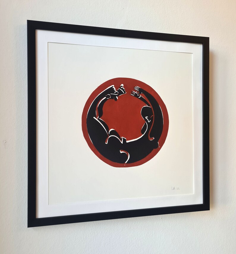 Original linocut print. Wall art. Graphic modern print. Red and black. Title: 'Hvem griber os når vi falder'. image 7