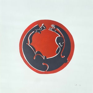 Original linocut print. Wall art. Graphic modern print. Red and black. Title: 'Hvem griber os når vi falder'. image 4