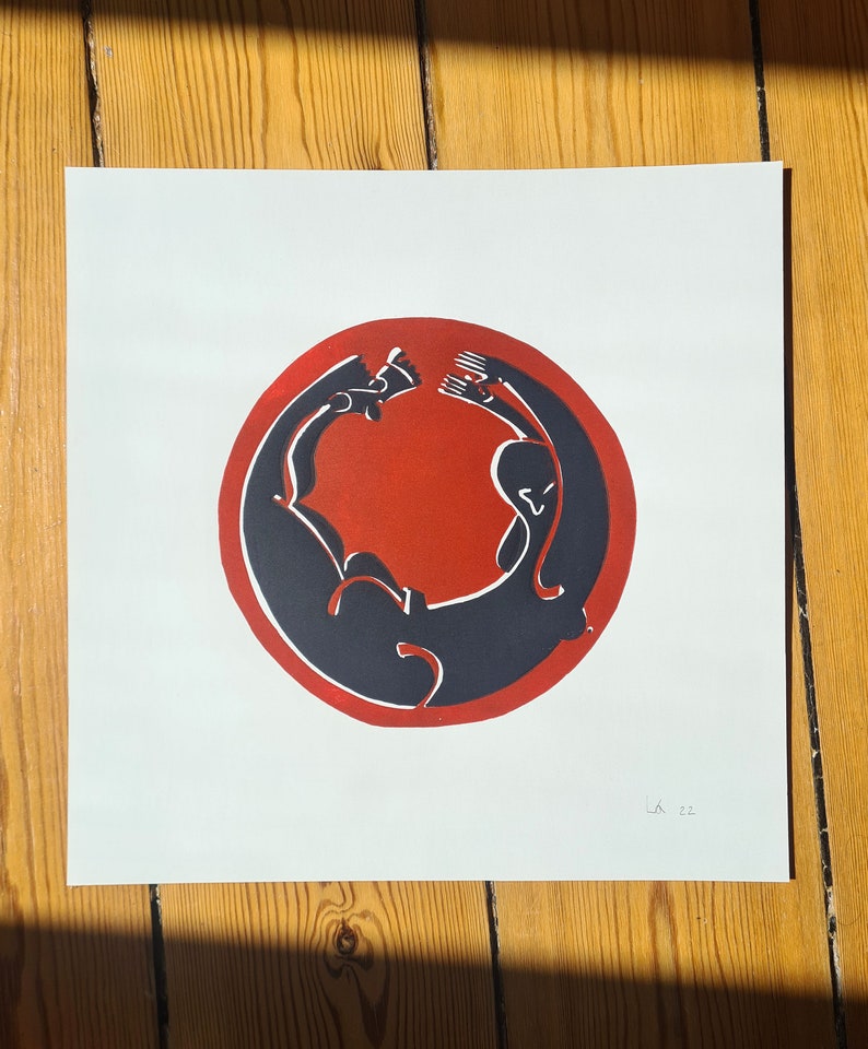 Original linocut print. Wall art. Graphic modern print. Red and black. Title: 'Hvem griber os når vi falder'. image 3