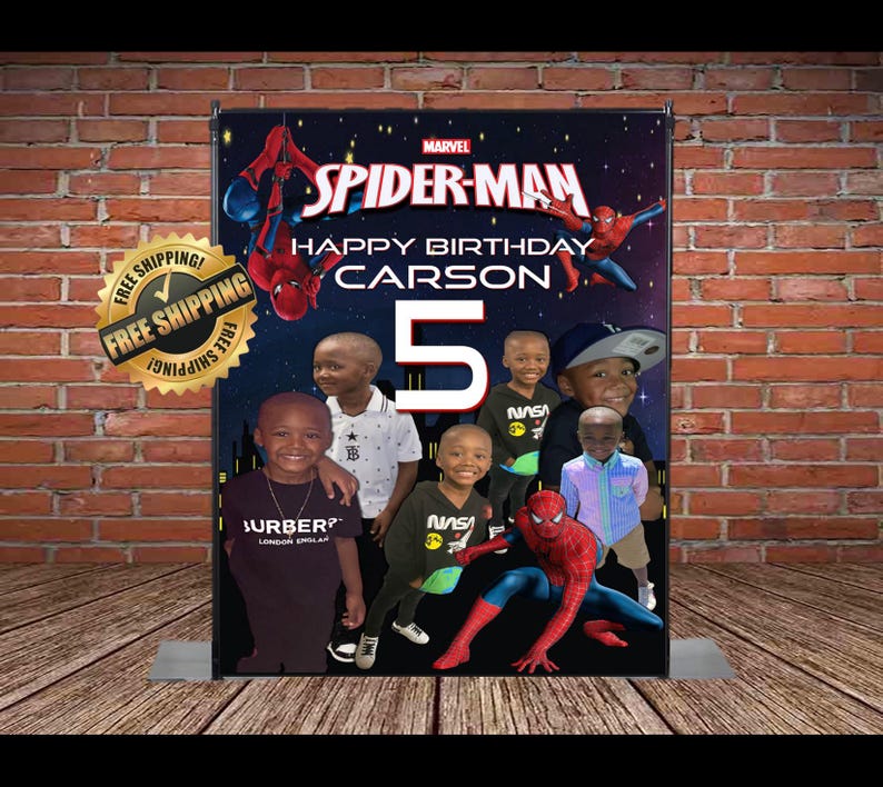May include: A red and blue Spider-Man themed birthday backdrop with the words "Happy Birthday Carson 5" and a free shipping logo. There are six children in the photo, some wearing NASA shirts and others wearing Spider-Man themed shirts.
