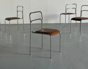 Bauhaus Design Chrome Tubular Steel and Brown Faux Leather Dining Chairs, 1980s Vintage Italian Modernist Stackable Dining Chairs