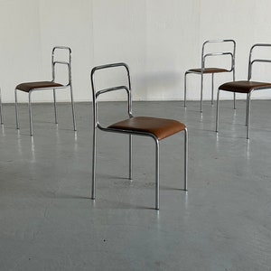 Bauhaus Design Chrome Tubular Steel and Brown Faux Leather Dining Chairs, 1980s Vintage Italian Modernist Stackable Dining Chairs