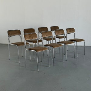 Bauhaus Chrome Tubular Steel and Beige Velvet Chairs / Italian Modernist Stackable Dining Chairs