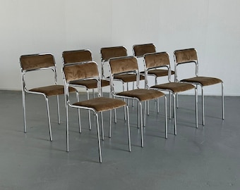 Bauhaus Chrome Tubular Steel and Beige Velvet Chairs / Italian Modernist Stackable Dining Chairs