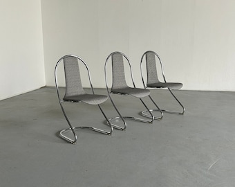 1 of 3 Italian Space Age Chromed Tubular Steel Cantilever Chairs in Style of Willy Rizzo for Cidue, 1980s Italy