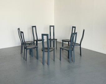 Set of 8 Vintage Italian Leather High Back Postmodern Dining Chairs, in Style of Pietro Constantini, 1980s Italy