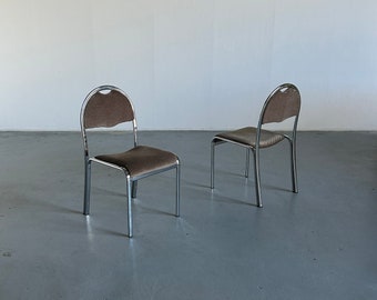 Pair of Vintage Mid-Century Modern European Diner or Cafe Style Chrome Upholstered Chairs In Style of Saporiti, Italy, 1970s