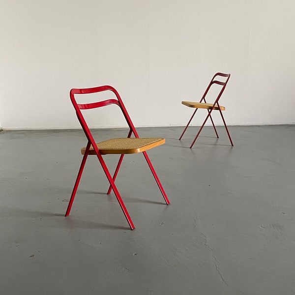 Pair of Vintage Foldable Chairs, Giorgio Cattelan for Cidue, 1980s Italy / Minimalist Mid-Century-Modern Cane Chairs