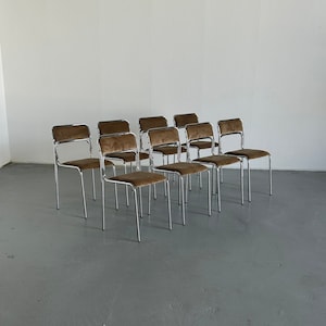 1 of 8 Bauhaus Chrome Tubular Steel and Beige Velvet / 80s Vintage Italian Modernist Stackable Dining Chairs