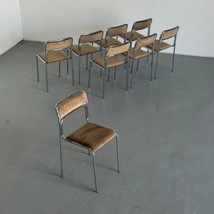 1 of 8 Bauhaus Chrome Tubular Steel and Beige Velvet Chairs / Italian Modernist Stackable Dining Chairs