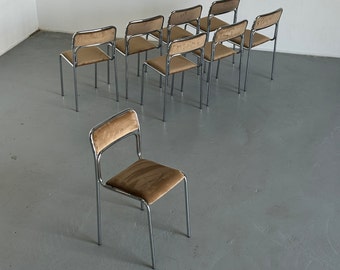 1 of 8 Bauhaus Chrome Tubular Steel and Beige Velvet Chairs / Italian Modernist Stackable Dining Chairs