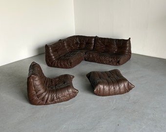 Original Vintage Togo Sofa Set aus fünf Teilen aus Braunem Leder, Michel Ducaroy für Ligne Roset, Produktion aus den 70er Jahren