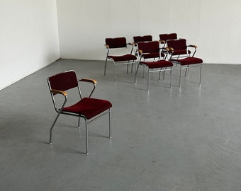 1 of 6 Vintage Bauhaus Design Upholstered Armchairs with Wooden Armrests and Tubular Chrome Structure, 1960s Germany