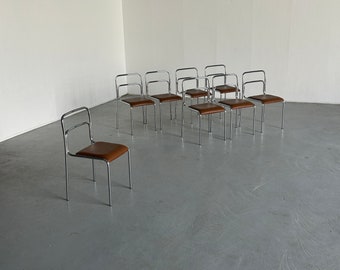 Chaises de salle à manger Bauhaus en acier tubulaire chromé et similicuir marron, chaises de salle à manger empilables modernistes italiennes vintage des années 1980