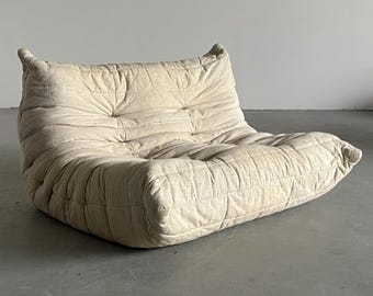 Vintage Iconic ‘Togo’ Two-Seater Sofa by Michel Ducaroy in Off-White Fabric, 1970s France