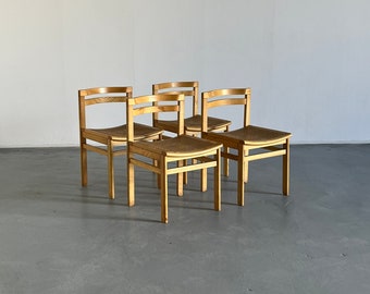 Set of 4 Vintage Mid-Century Modern Constructivist Wooden Dining Chairs in Beech and Cane, 1960s