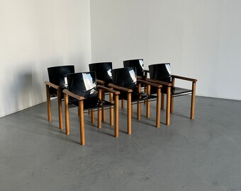 1 of 6 Elegant Modernist Wooden Armchairs in Dark Gloss Finish, Attributed to Artelano, 1970s Italy