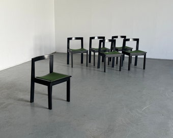 Ensemble de 6 chaises de salle à manger ou de bistrot Constructivistes Modernes Mid-Century en Bois avec Rembourrage à Rayures Vertes, Italie, 1970s