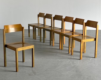 1 of 7 Vintage Stackable Constructivist Patinated Wooden Dining Chairs, Mid-Century Modern, 1970s Germany