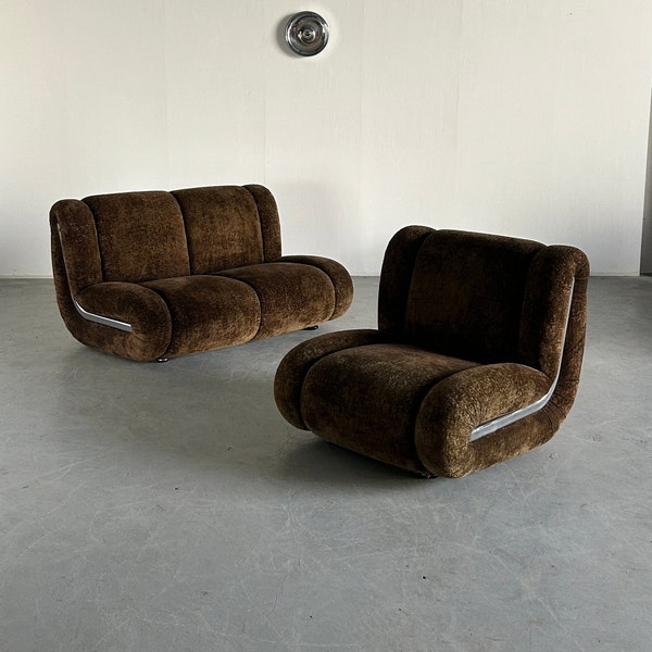 Vintage Italian Space Age Sculptural Cloud Modular Sofa Set in Brown Velvet, Attributed to 1P Italy, Italian Mid-Century Modern Modular Sofa