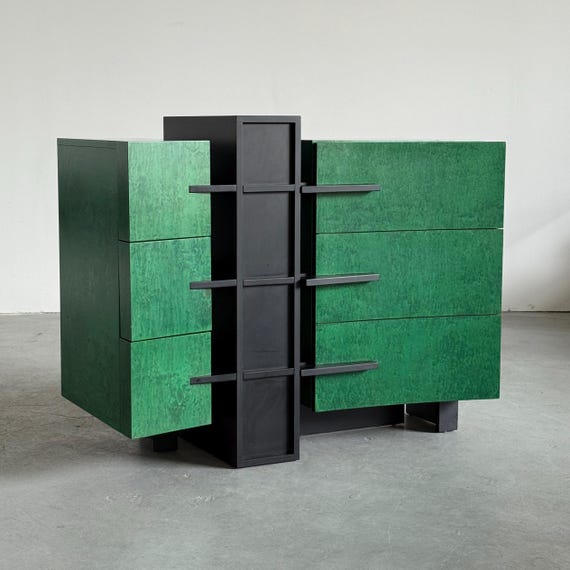 Italian Postmodern Green Lacquered Sideboard with Black Frame, 1980s