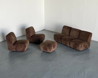 Italian Mid-Century-Modern Modular Sofa in Brown Checkered Upholstery, 1970s Space Age Sectional Seating Set, Set of 6