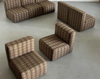 Mid-Century Modern Seven-Piece Modular Seating Set by Loschi & Malavasi in Brown Plaid Fabric Upholstery, 1970s Italy