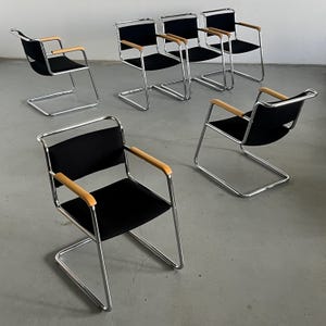 1 of 6 Vintage Cantilever Armchairs by L&C Stendal in Chromed Tubular Steel, Beechwood and Black Fabric, 1970s Germany