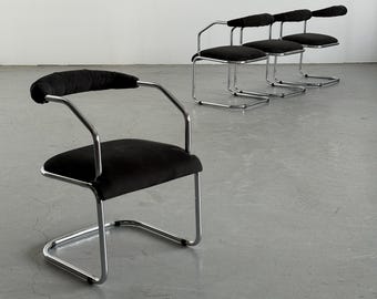 Set of Four Italian Cantilever Dining Chairs with Upholstered Roll Backrests in Style of Giotto Stoppino, 1970s