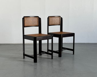 Pair of Mid-Century Modern Stained Beechwood and Wicker Cane Dining Chairs, 1960s Italy