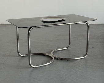 Modernist Smoked Glass Dining Table with Tubular Steel Loop Frame, 1970s