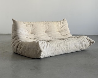 Vintage Iconic ‘Togo’ Three-Seater Sofa by Michel Ducaroy in Off-White Fabric, 1970s France