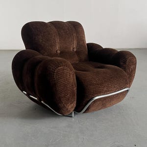 Italian Space Age Cloud Armchair in Dark Brown Striped Fabric Upholstery and Chromed Steel, Attributed to Adriano Piazzesi, Italy 1970s