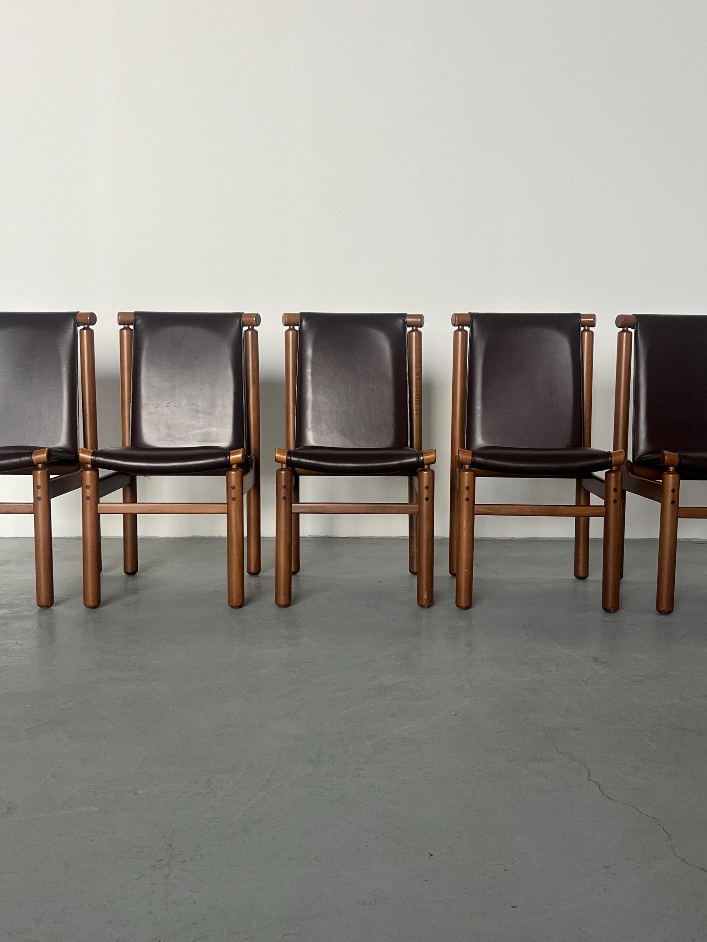 Set of 6 Elegant Vintage Dining Chairs in Dark Brown Leather Attributed ...