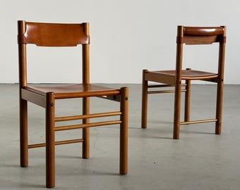 Pair of Italian Mid-Century Modern Dining Chairs by Ibisco Sedie in Cognac Leather