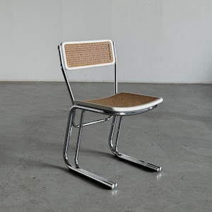 Vintage Chromed Cantilever Dining Chair in Wood, Wickered Cane and Chrome in the Style of Marcel Breuer, Mid-Century Modern, 1970s Italy