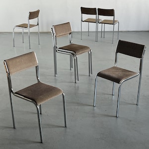 Curved Stackable Dining Chairs in Dotted Black & Brown Fabric Upholstery and Chromed Steel, Mid-Century Modern Design, 1980s Italy