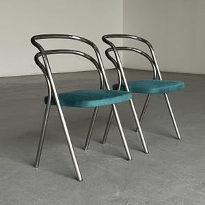 Pair of Vintage Mid-Century Modern &#39;Santina&#39; Dining Chairs by Carlo Santi for Zanotta, Turquoise Upholstery and Chromed Steel, 1970s Italy