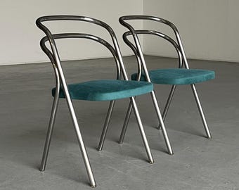 Pair of Vintage Mid-Century Modern 'Santina' Dining Chairs by Carlo Santi for Zanotta, Turquoise Upholstery and Chromed Steel, 1970s Italy