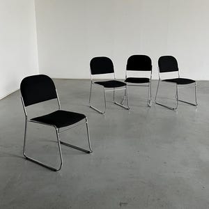 Set of 4 Minimalist Dining Chairs in Black Fabric and Chromed Steel, Stackable, Italy 1990s