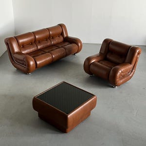 Italian Space Age Living Room Set in Style of Mimo Padova, Cognac Leather and Chrome, 1970s Italy