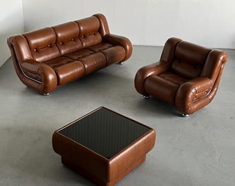 Italian Space Age Living Room Set in Style of Mimo Padova, Cognac Leather and Chrome, 1970s Italy