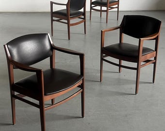 Set of 4 Vintage Mid-Century Modern Armchairs in Beechwood and Dark Brown Faux Leather, 1970s Italy