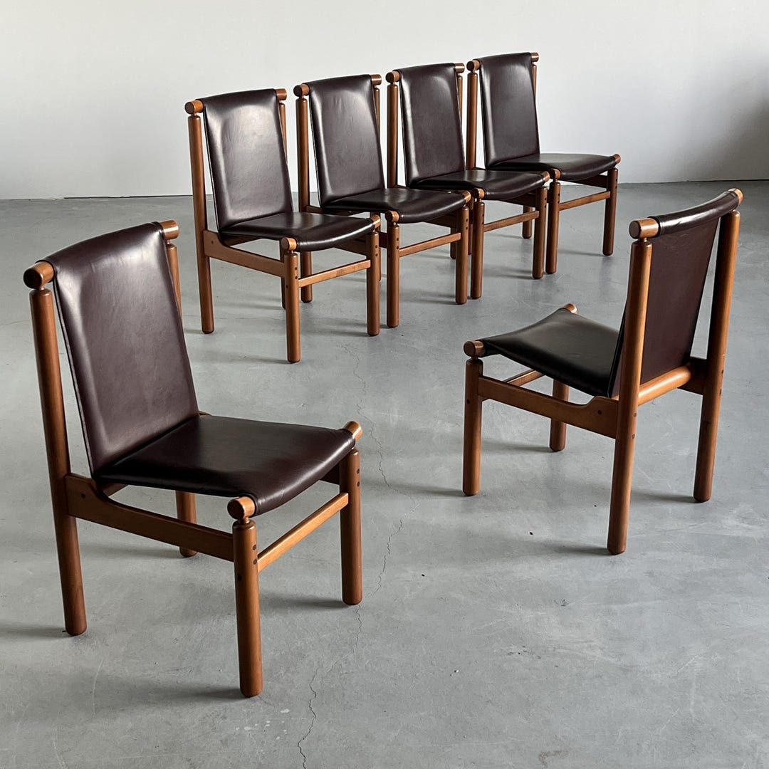 Set of 6 Elegant Vintage Dining Chairs in Dark Brown Leather Attributed ...