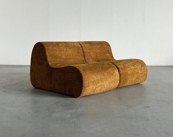 Pair of Vintage Italian Mid-Century-Modern Lounge Chairs in Ochre Boucle, Space Age Loveseat or Modular Sofa, 1970s Italy