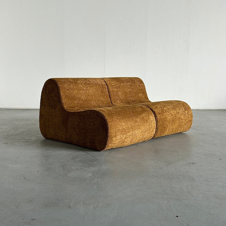 Pair of Vintage Italian Mid-Century-Modern Lounge Chairs in Ochre Boucle, Space Age Loveseat or Modular Sofa, 1970s Italy image 1