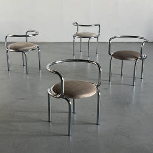 1 of 4 Vintage Armchairs Attributed to Zanotta in Chromed Tubular Steel and Beige Checkered Upholstery, in Style of Gae Aulenti, 1970s Italy